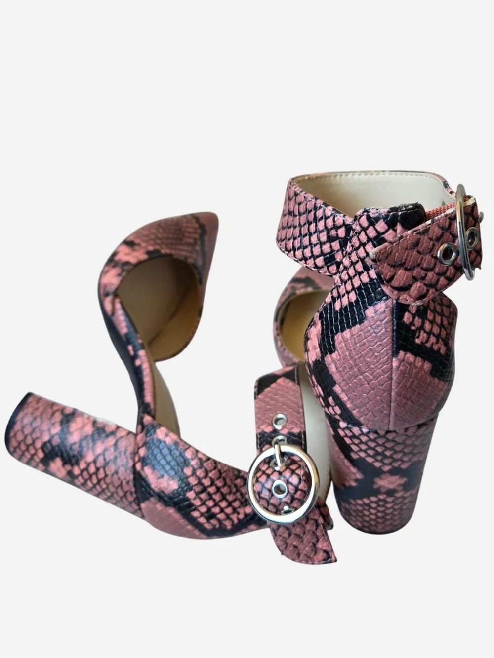 Nine West snakeskin pointed toe party heels with ankle strap pink black 6.5